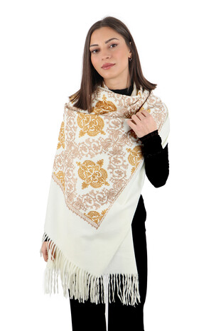 Cream Embroidered Winter Shawl - Thumbnail