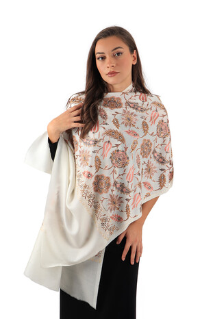 Cream Fully Embroidered Suzani Wool Shawl - Thumbnail