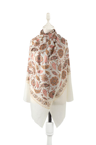 Cream Fully Embroidered Suzani Wool Shawl - Thumbnail