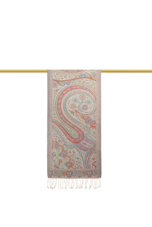 Cream Green Jamawar Woven Silk Foulard - Thumbnail