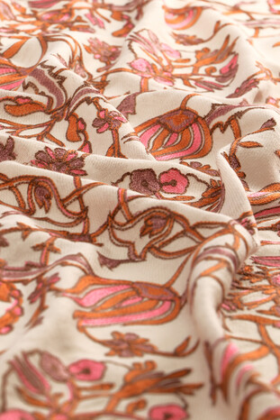 Cream Orange Tulip Pattern Embroidered Wool Silk Shawl - Thumbnail