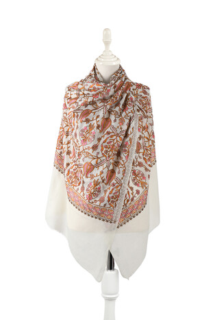 Cream Orange Tulip Pattern Embroidered Wool Silk Shawl - Thumbnail