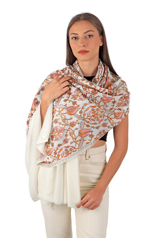 Cream Orange Tulip Pattern Embroidered Wool Silk Shawl - Thumbnail