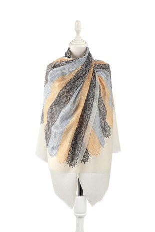 Cream Paisley Patterned Wool Silk Shawl - Thumbnail