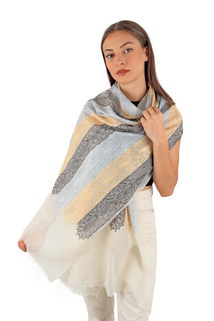 Cream Paisley Patterned Wool Silk Shawl - Thumbnail