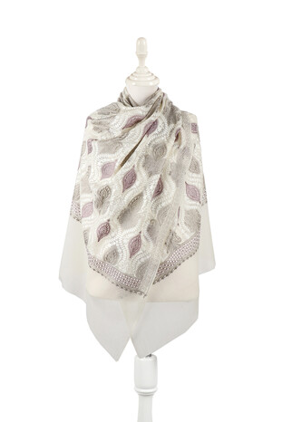 Cream Purple Suzani Embroidered Wool Silk Shawl - Thumbnail