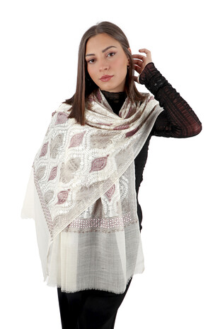 Cream Purple Suzani Embroidered Wool Silk Shawl - Thumbnail