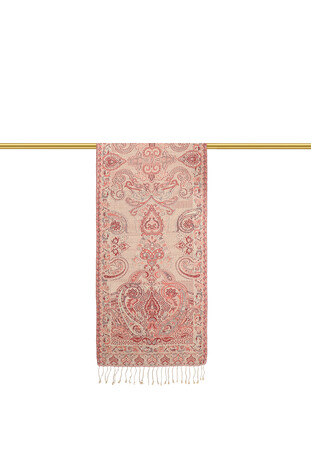 Cream Red Jamawar Woven Silk Foulard - Thumbnail