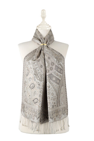 Cream Salmon Jamawar Woven Silk Foulard - Thumbnail