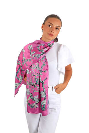 Dark Fuchsia Almond Blossom Silky Foulard - Thumbnail