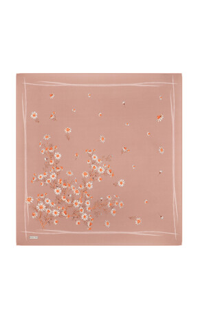 Dusty Rose Daisy Pattern Twill Silk Square Scarf - Thumbnail