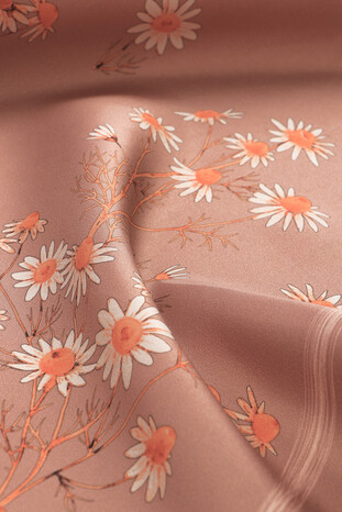 Dusty Rose Daisy Pattern Twill Silk Square Scarf - Thumbnail