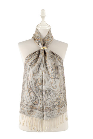 Ecru Beige Jamawar Woven Silk Foulard - Thumbnail