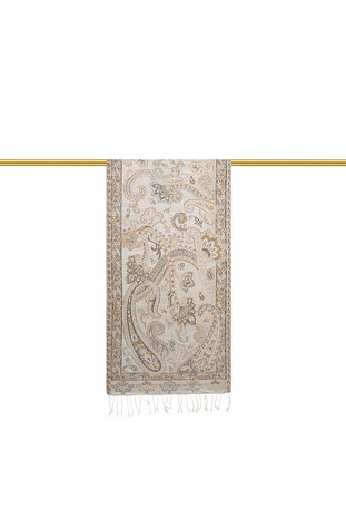 Ecru Beige Jamawar Woven Silk Foulard - Thumbnail