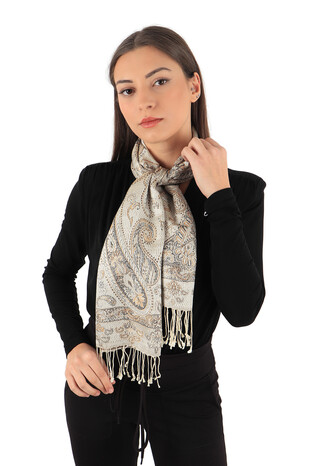 Ecru Beige Jamawar Woven Silk Foulard - Thumbnail