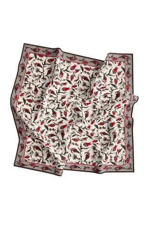 Ecru Dark Gray Carnation Tulip Pattern Silk Square Scarf - Thumbnail