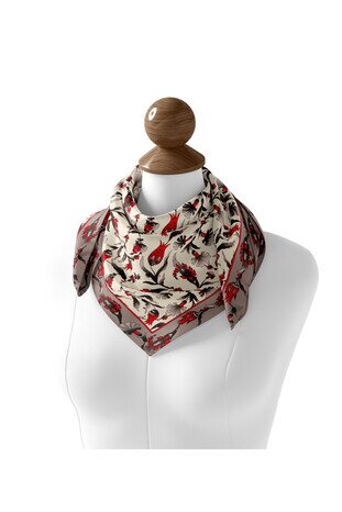 Ecru Dark Gray Carnation Tulip Pattern Silk Square Scarf - Thumbnail