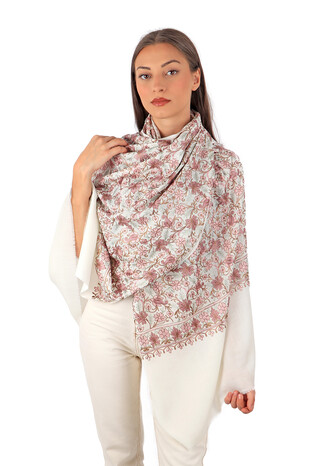 Ecru Embroidered Wool Silk Shawl - Thumbnail