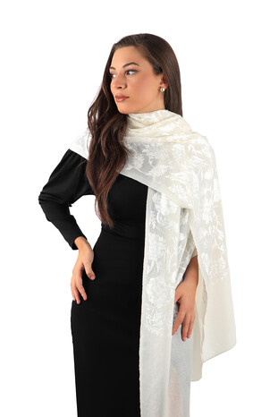 Ecru Fully Embroidered Suzani Wool Shawl - Thumbnail