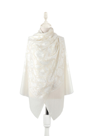 Ecru Fully Embroidered Suzani Wool Shawl - Thumbnail