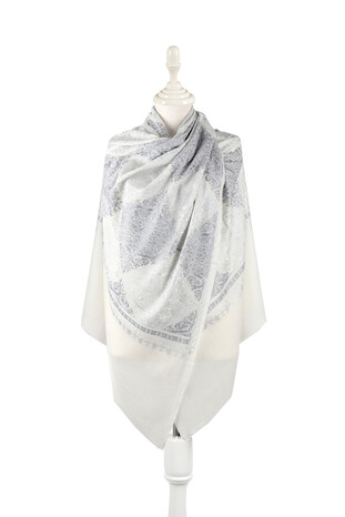 Ecru Gray Embroidered Suzani Wool Shawl - Thumbnail