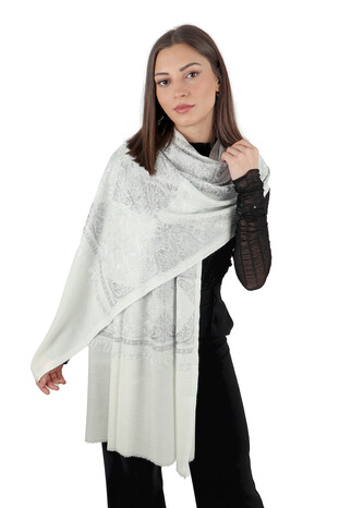 Ecru Gray Embroidered Suzani Wool Shawl - Thumbnail