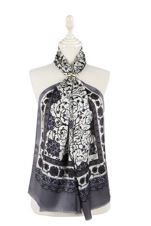 Ecru Gray Ivy Silk Foulard - Thumbnail