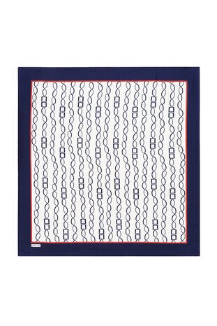 Ecru Navy Blue Chain Pattern Twill Silk Square Scarf - Thumbnail