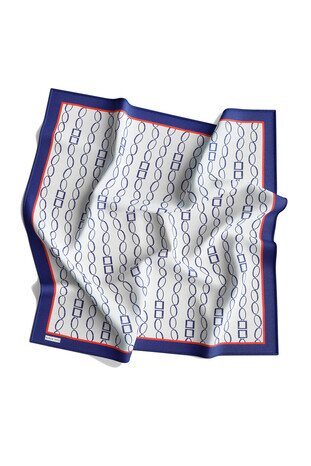 Ecru Navy Blue Chain Pattern Twill Silk Square Scarf - Thumbnail