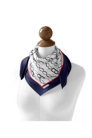 Ecru Navy Blue Chain Pattern Twill Silk Square Scarf - Thumbnail