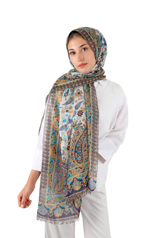 Ecru Patterned Indian Silk Scarf - Thumbnail