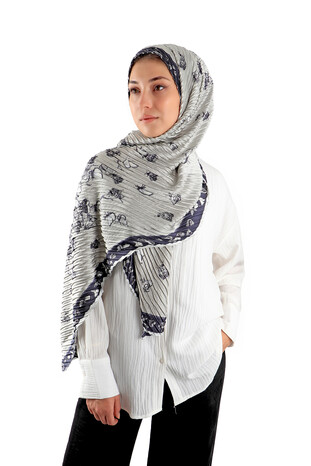 Ecru Patterned Pleated Scarf - Thumbnail