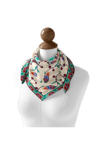 Ecru Red Row Tulip Pattern Silk Square Scarf - Thumbnail