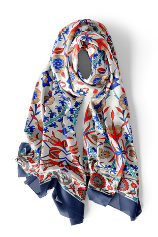 Ecru Selçuk Pattern Narrow Silk Foulard - Thumbnail