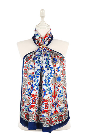 Ecru Selçuk Pattern Narrow Silk Foulard - Thumbnail