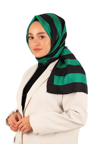 Emerald Stripe Pattern Twill Silk Scarf - Thumbnail