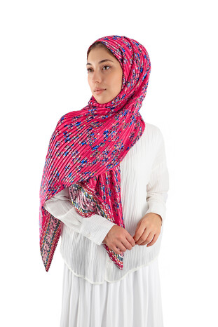 Fuchsia Patterned Pleated Scarf - Thumbnail