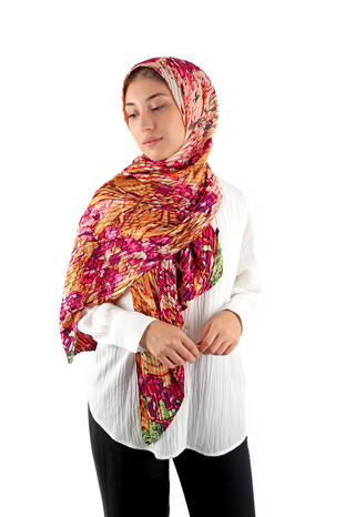 Fuchsia Patterned Pleated Scarf - Thumbnail