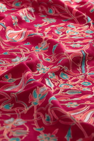 Fuchsia Turquoise Tulip Pattern Embroidered Wool Silk Shawl - Thumbnail