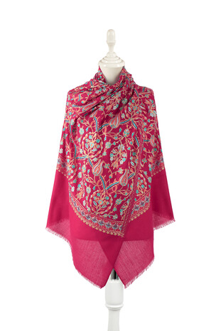 Fuchsia Turquoise Tulip Pattern Embroidered Wool Silk Shawl - Thumbnail