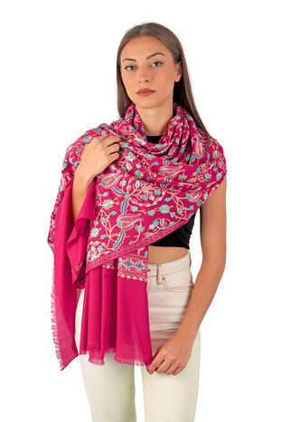 Fuchsia Turquoise Tulip Pattern Embroidered Wool Silk Shawl - Thumbnail