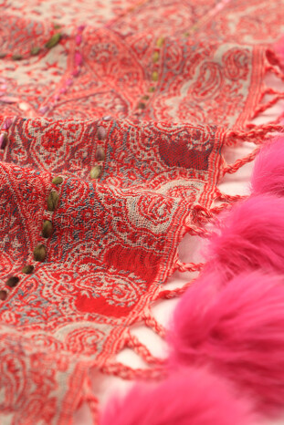 Fuchsia Washed Wool & Fur Pompom Shawl - Thumbnail