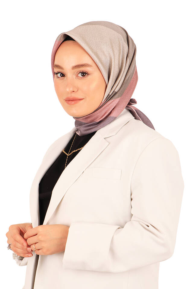 Pudra Lila Geometrik Desen Twill İpek Eşarp - 2