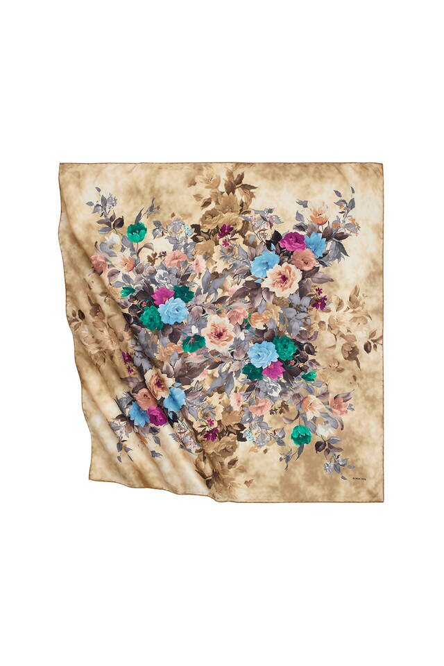 Gold Bouquet Pattern Silk Square Scarf 