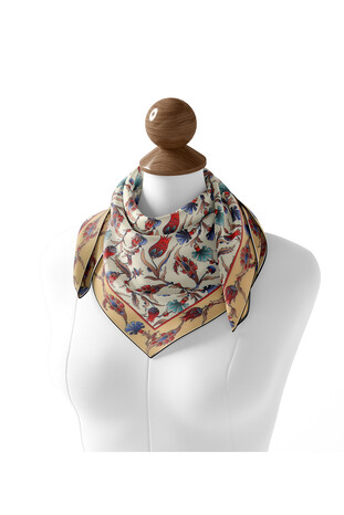 Gold Carnation Tulip Pattern Soft Square Scarf - Thumbnail