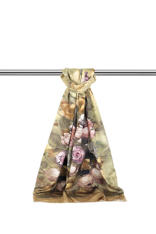 Gold Flower Pattern Silky Scarf - Thumbnail