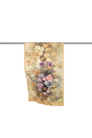 Gold Flower Pattern Silky Scarf - Thumbnail