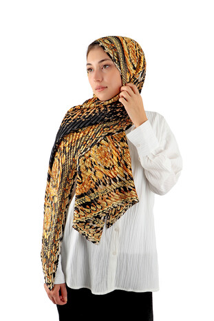 Gold Patterned Pleated Scarf - Thumbnail