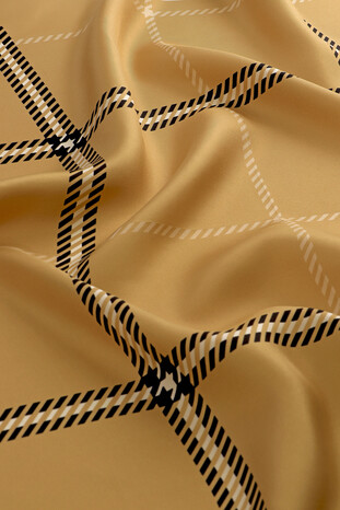 Gold Plaid Pattern Twill Silk Square Scarf - Thumbnail