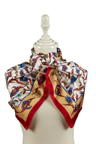 Gold Red Carnation Tulip Pattern Wide Silky Foulard - Thumbnail